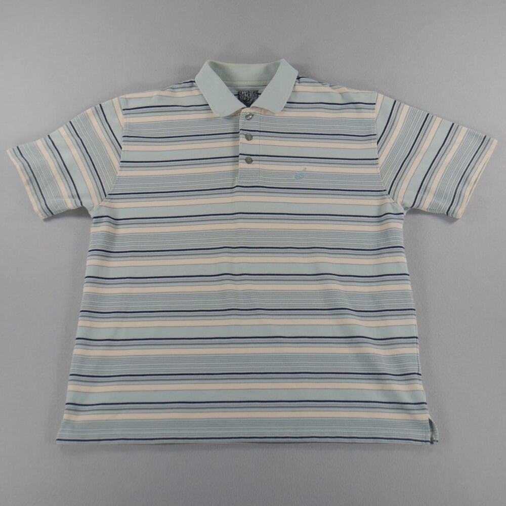 Vintage Joker Brand Blue/Tan/Black/White Striped Polo Mens Size Large Preppy